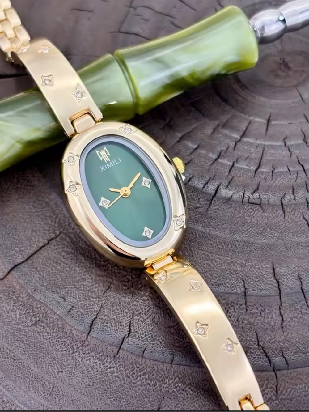 Anthropologie New Gold Bracelet Watch with Green Dial